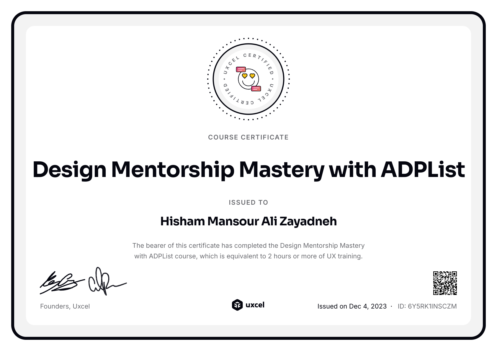 Hisham Zayadneh's certificate